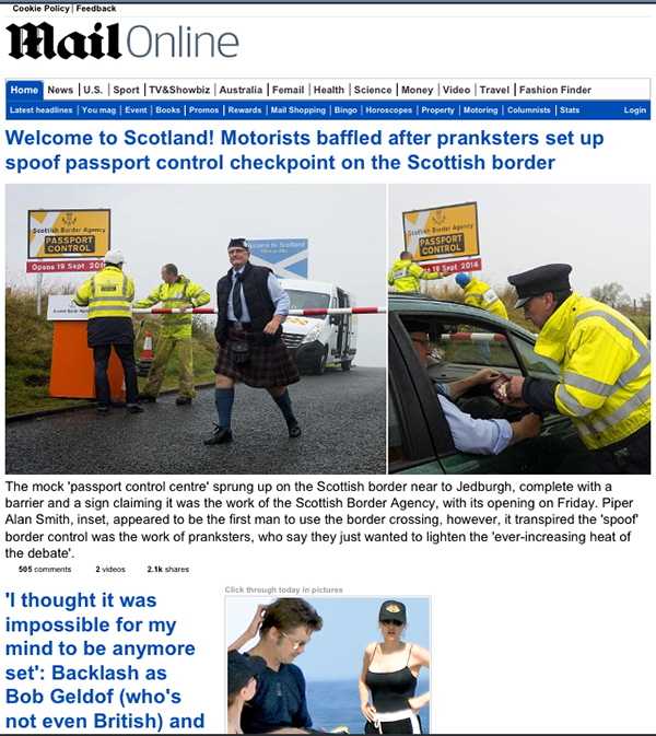 The Mail Online's 'show' of our Scottish border stunt.